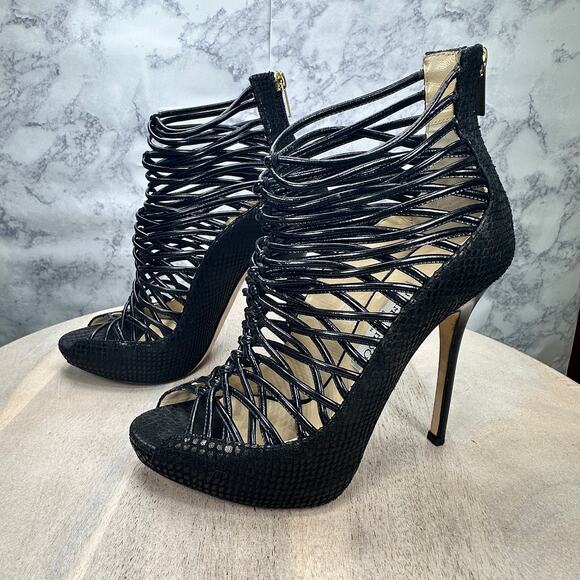 Jimmy Choo Black Embossed Leather Quito Cage Booties EU 39 Classy Party Shoes - Picture 3 of 16